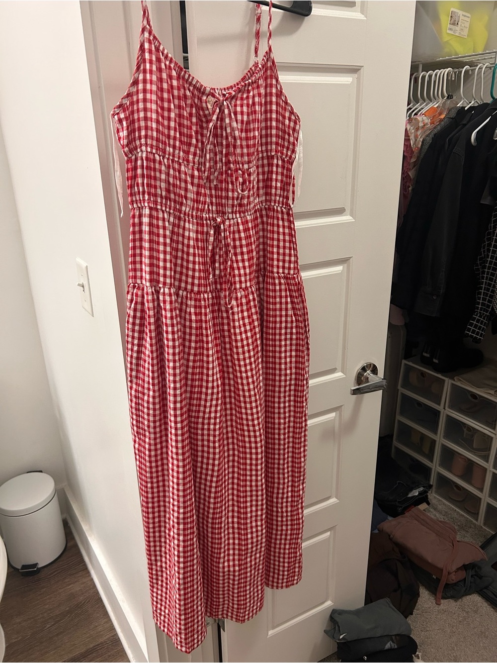 Red Gingham Tie-Front Maxi Dress